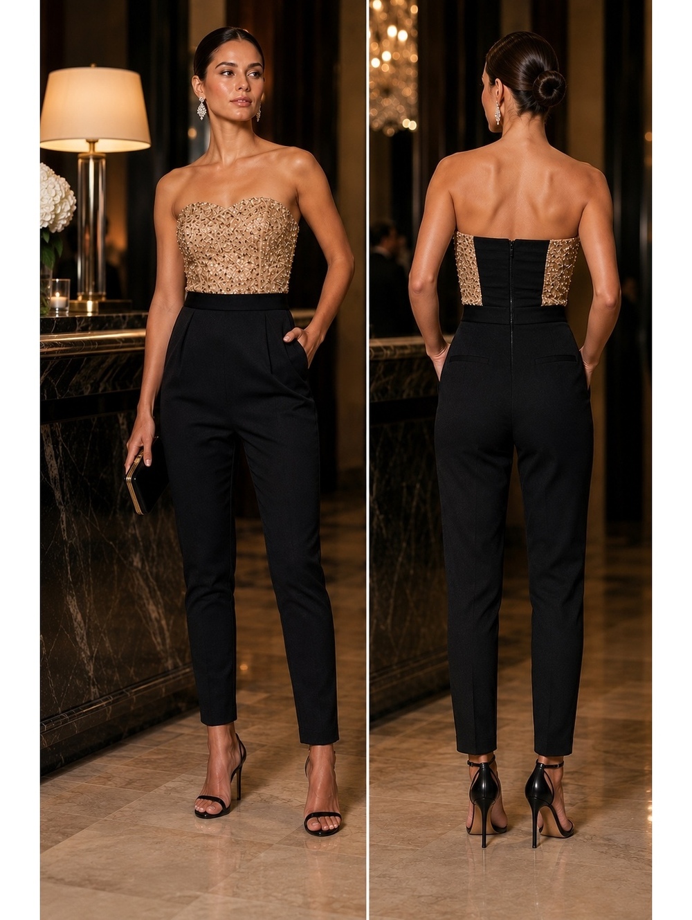 Alice + Olivia Jeri Gold Beaded Strapless Jumpsuit Black US 2